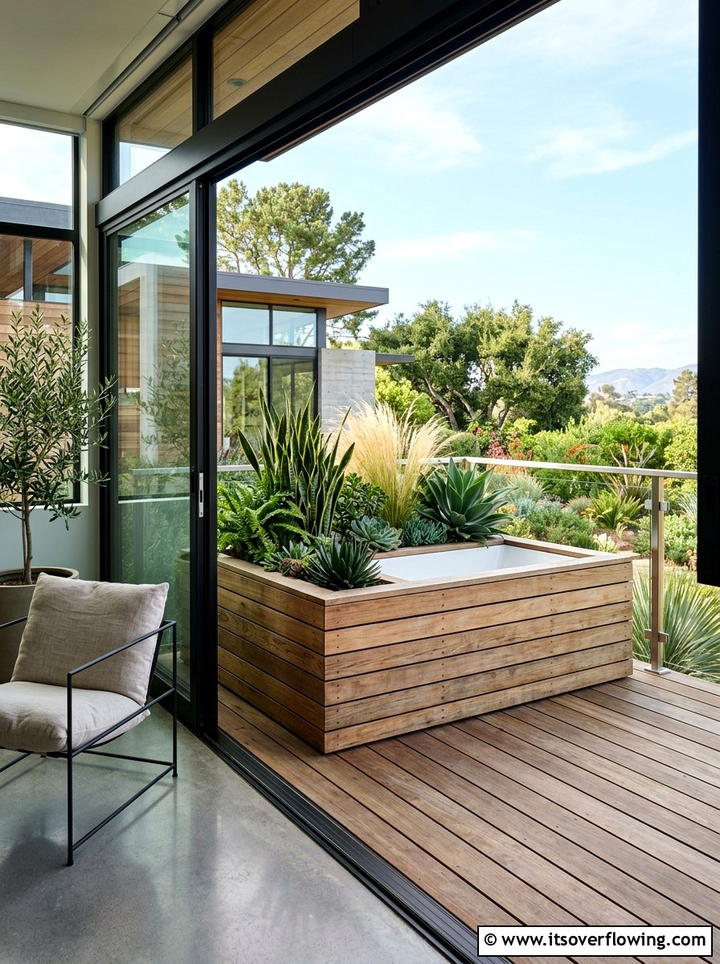 Wooden clad bathtub planter - 25 upcycled garden ideas with old bathtubs