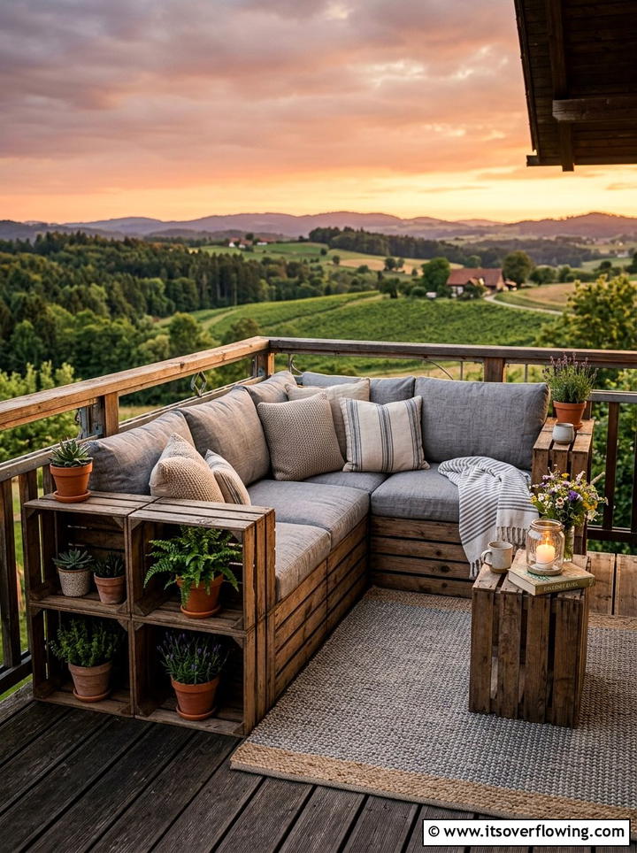 Wooden crate balcony seating - 25 upcycled garden ideas for balconies