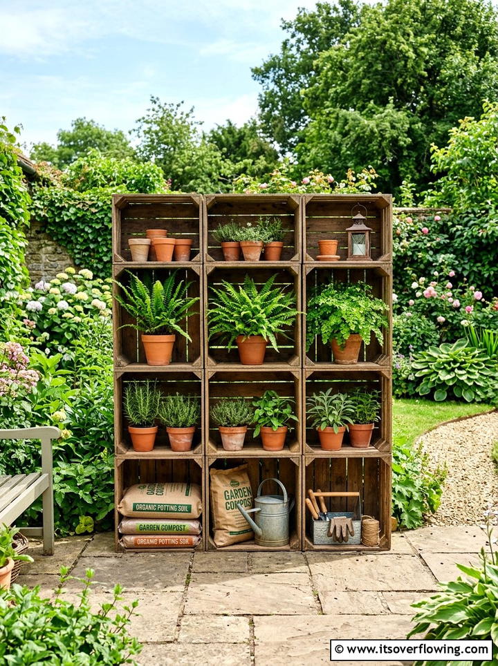Wooden crate garden storage - 25 upcycled garden ideas with tool storage