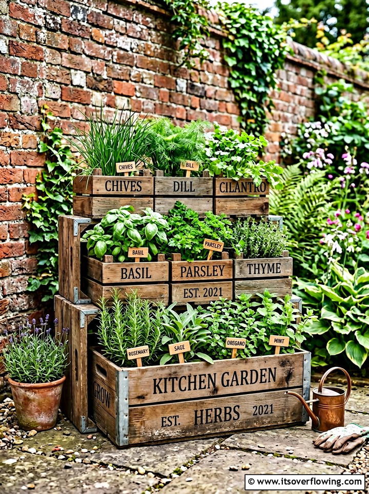 Wooden crate herb garden - 25 front porch ideas with herb planters