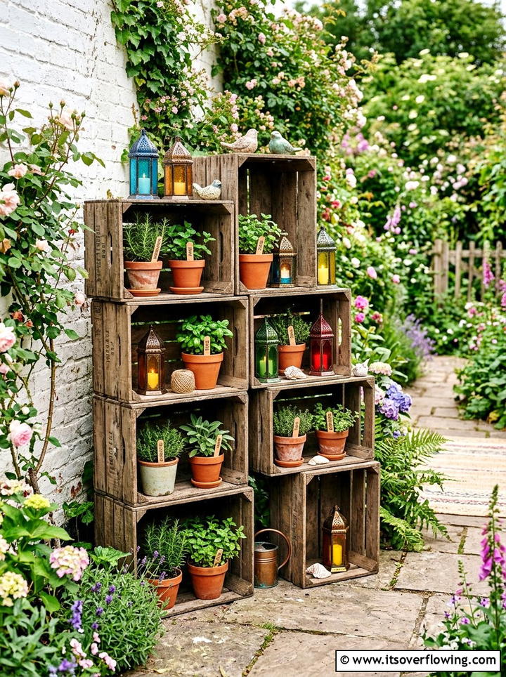 Wooden crate shelf - 25 upcycled garden ideas with boho style
