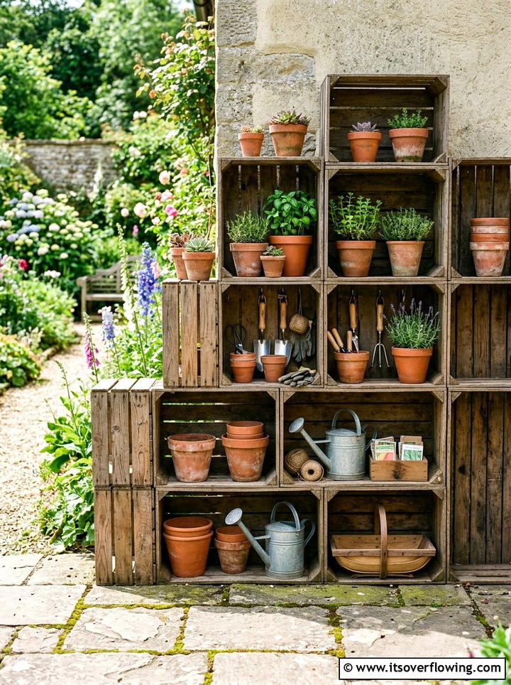 Wooden crate shelving - 25 upcycled garden ideas diy