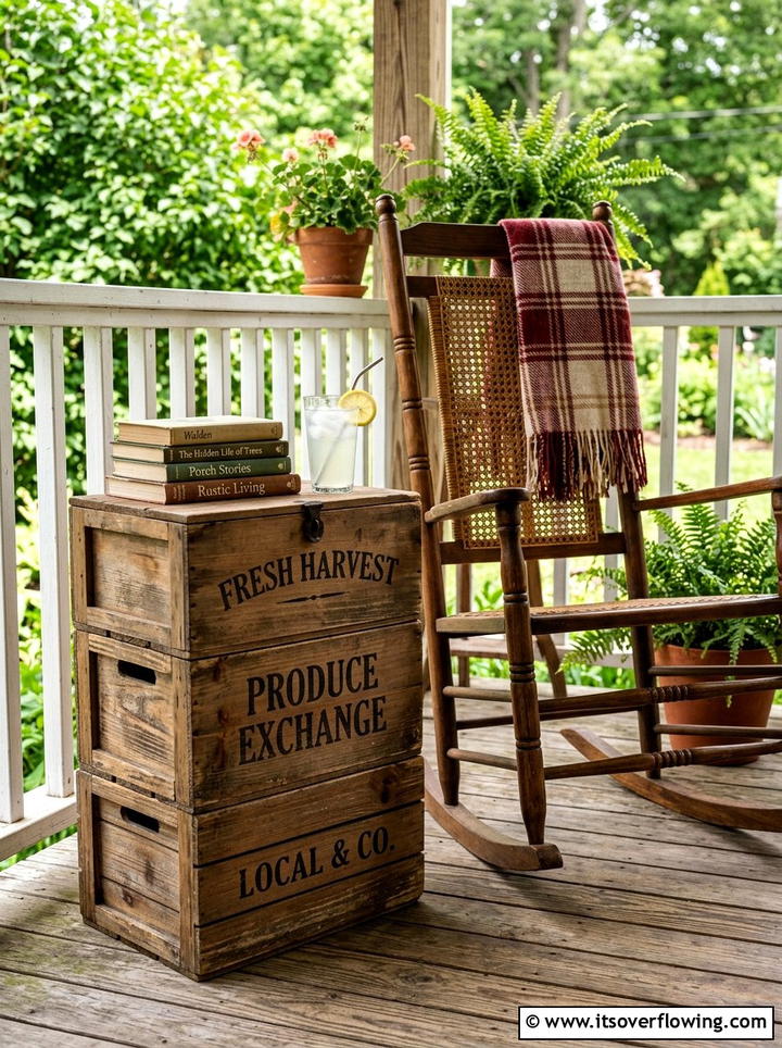Wooden crate side table - 25 front porch ideas with repurposed furniture