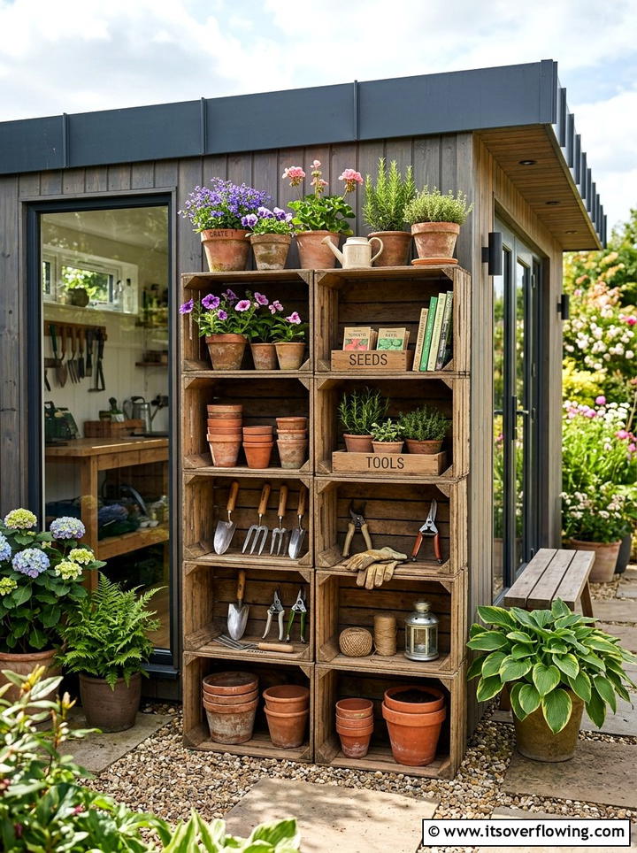Wooden crate stack shelving - 25 reusing old things ideas for modern garden look