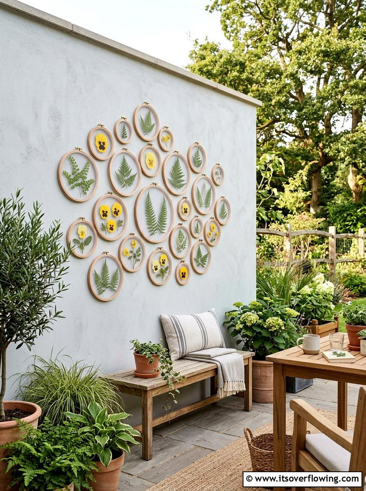 Wooden embroidery hoop wall - 25 garden decor ideas with floral hoops
