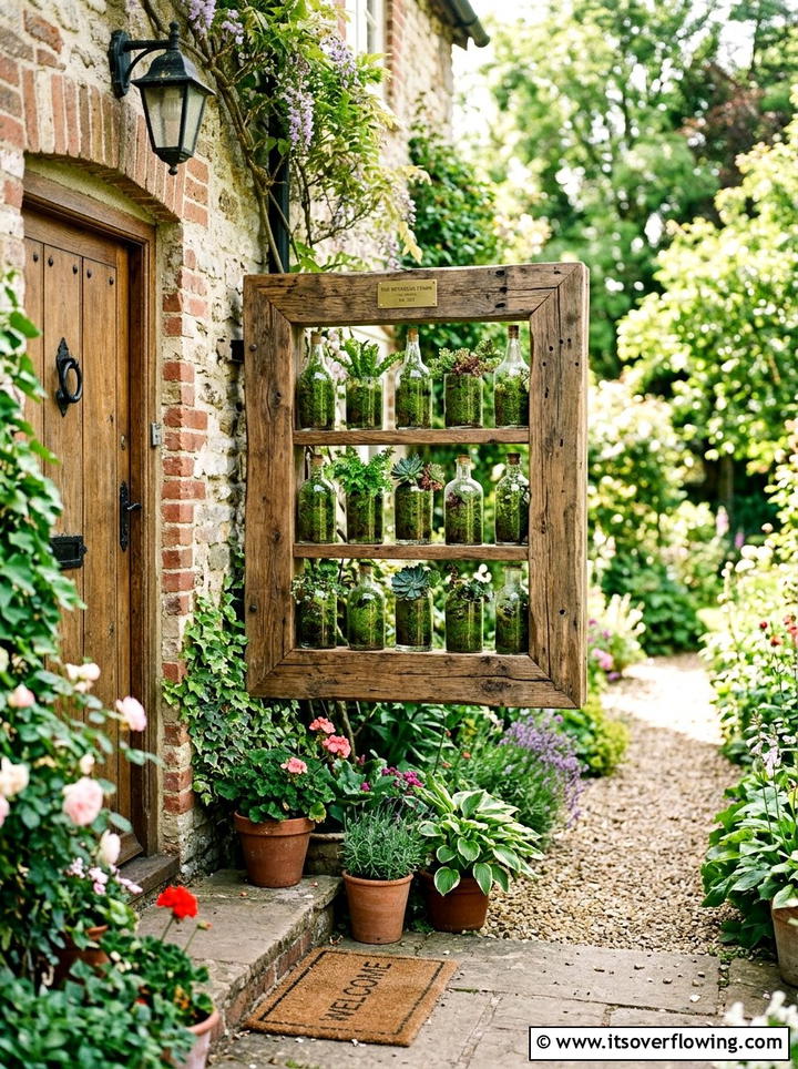Wooden frame bottle planter - 25 creative garden ideas with hanging bottle planters