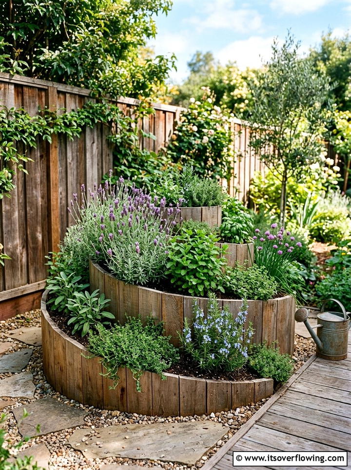 Wooden herb spiral raised bed - 25 garden ideas with herb spirals