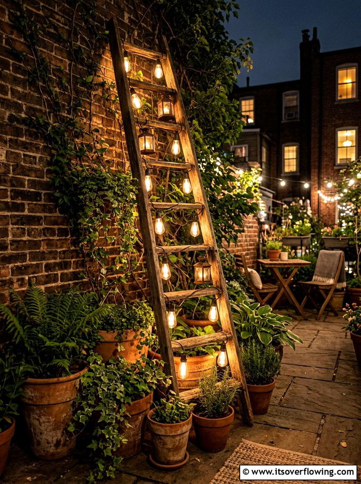 Wooden ladder light display - 25 reusing old things ideas for outdoor lighting
