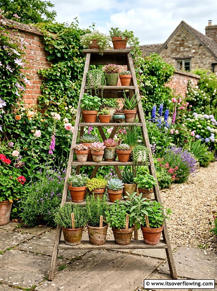 Wooden ladder plant display - 25 upcycled garden ideas with watering stations