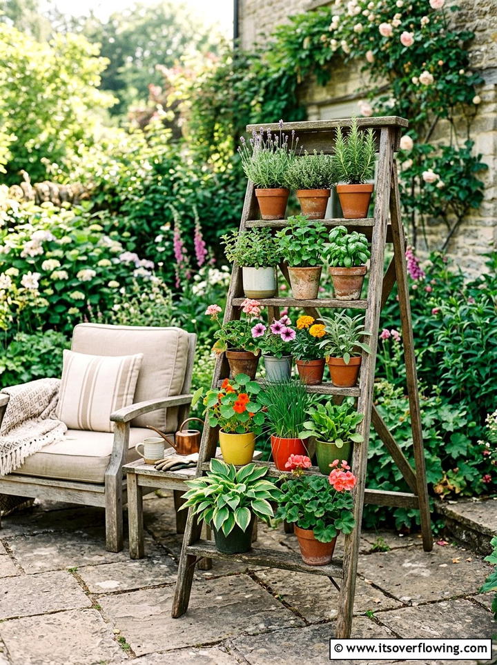 Wooden ladder plant stand - 25 garden decor ideas with reclaimed wood