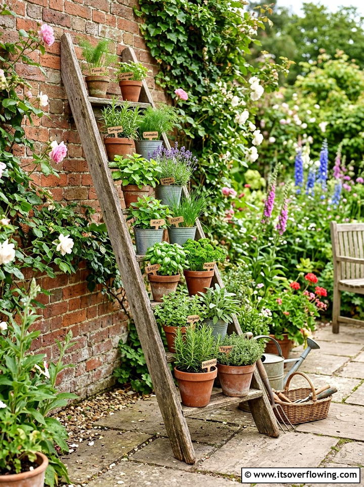 Wooden ladder plant stand - 25 recycled garden ideas with rainwater collection