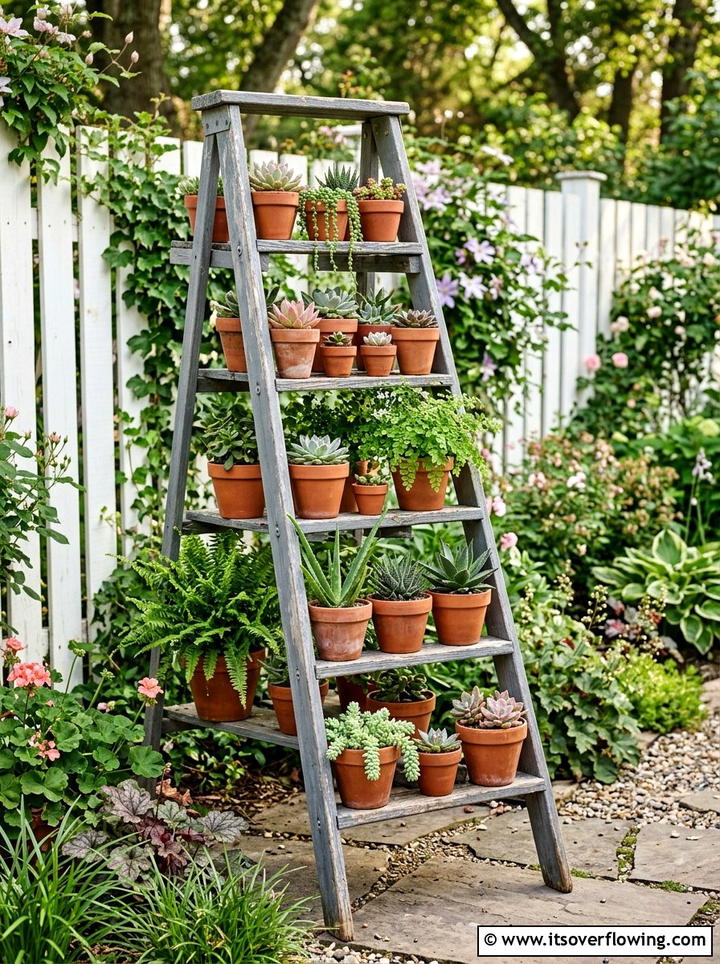 Wooden ladder plant stand - 25 reusing old things ideas for garden art
