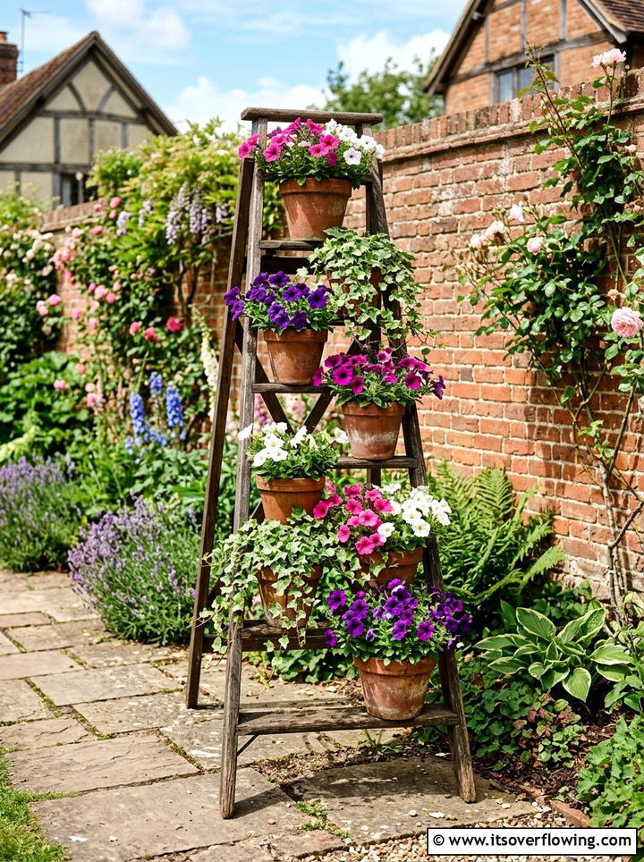Wooden ladder planter - 25 recycled garden ideas with old shelves