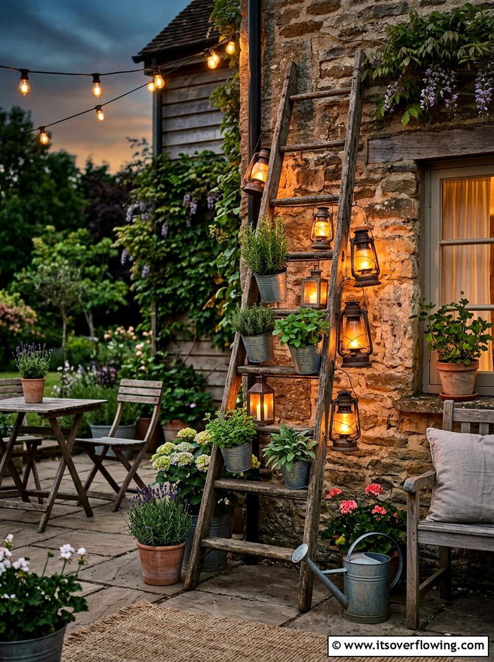 Wooden ladder with lanterns - 25 garden decor ideas with hanging decor