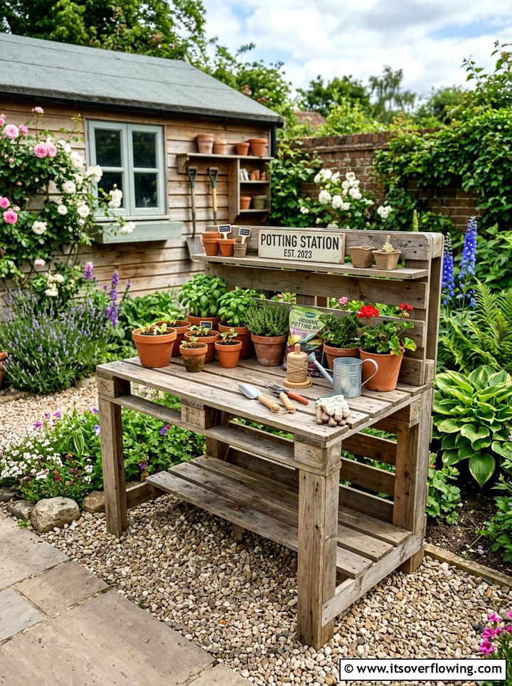 Wooden pallet potting station - 25 reusing old things ideas for garden decor