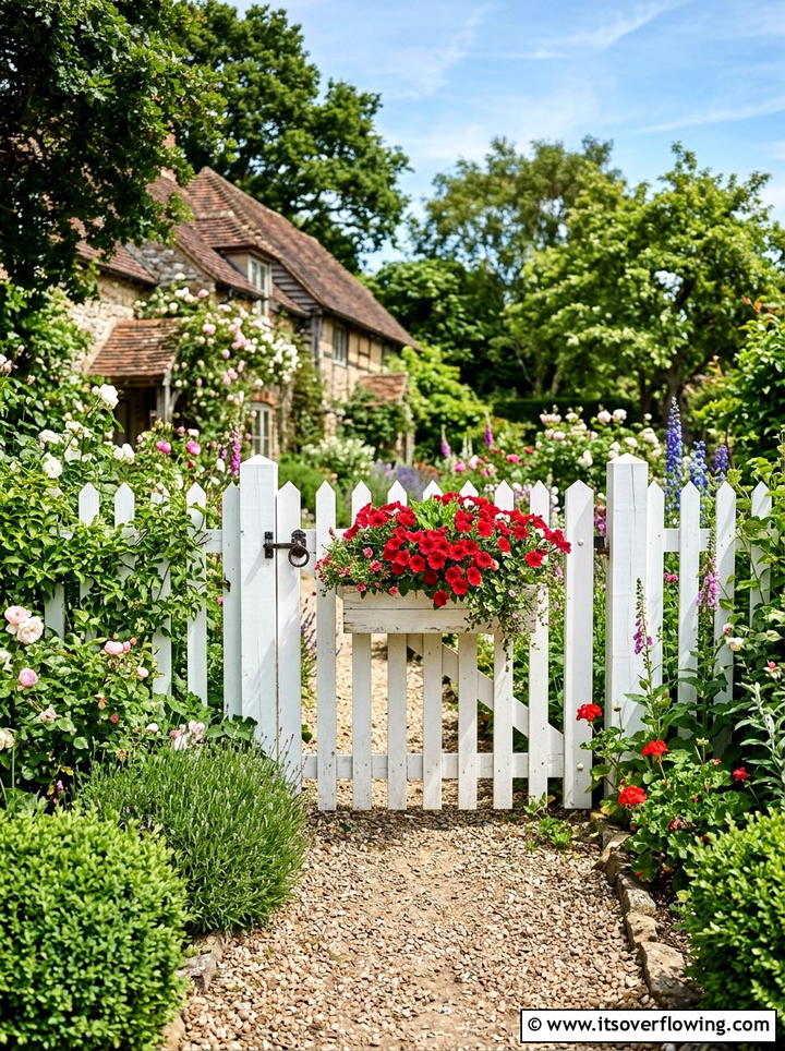 Wooden picket gate with flower box - 25 garden decor ideas with gate decorations