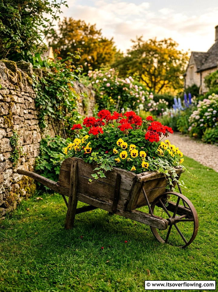 Wooden wheelbarrow planter - 25 garden decor ideas with reclaimed wood