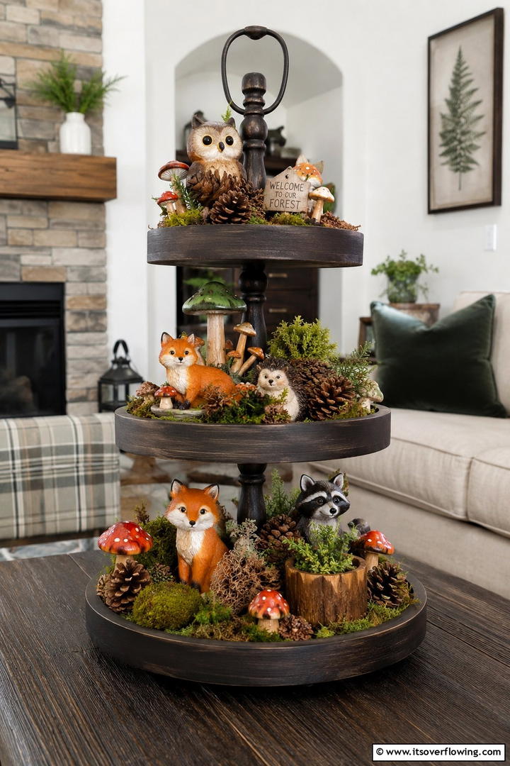 Woodland Creature Theme - 50 Fall Tiered Tray Decor Ideas for Festive Shelves