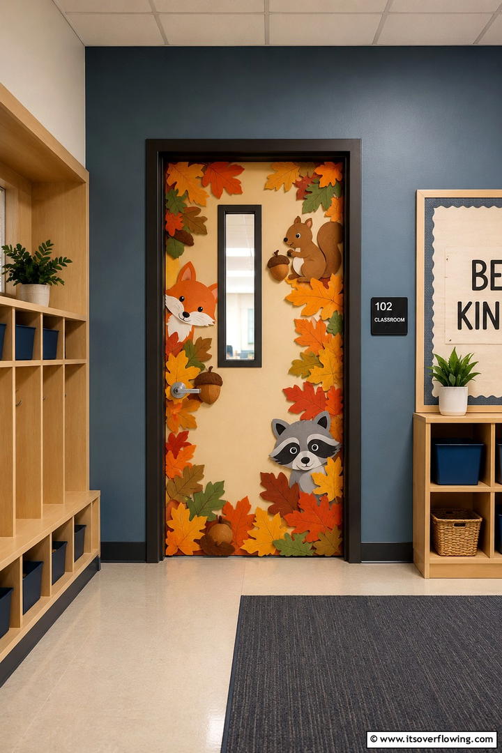 Woodland Creatures Scene - 50 Fall Door Decor Classroom Ideas for Cozy Entryways