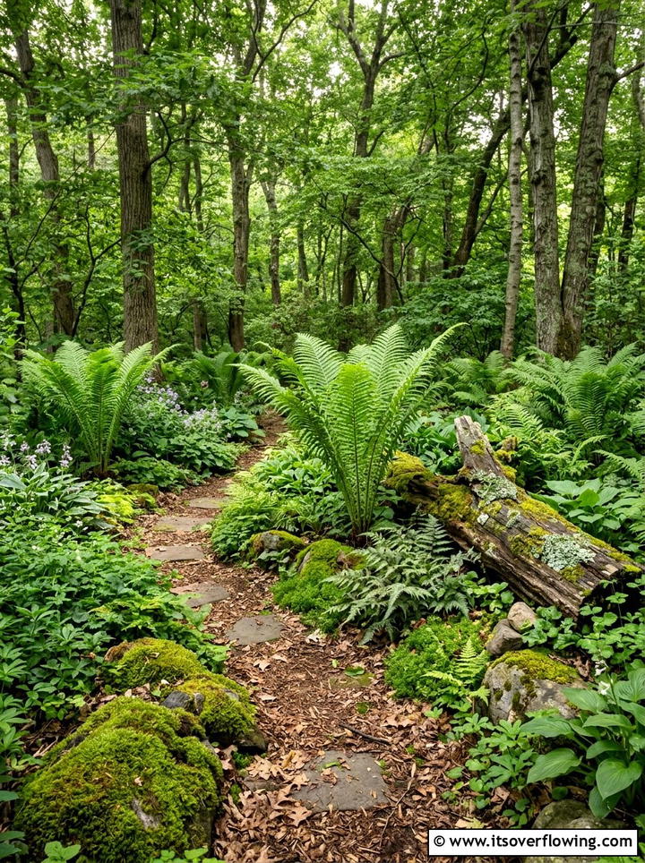 Woodland garden with ferns - 25 cheap garden ideas with low maintenance plants