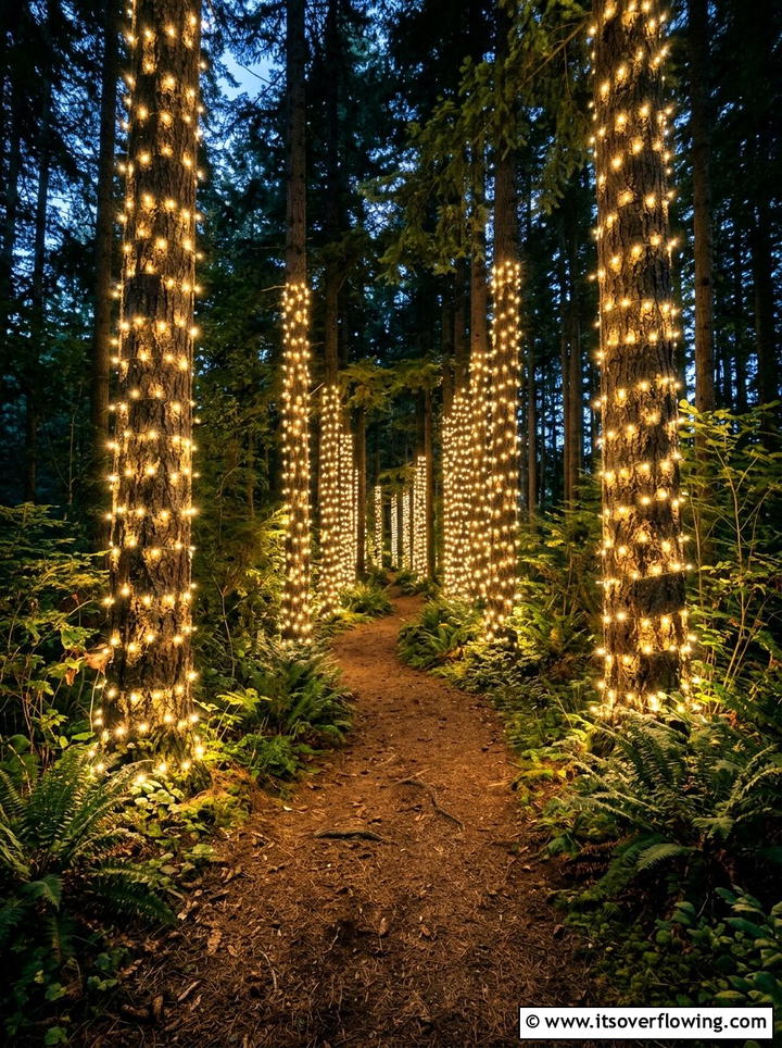 Woodland garden with tree trunk lighting - 25 creative garden ideas with fairy light pathways