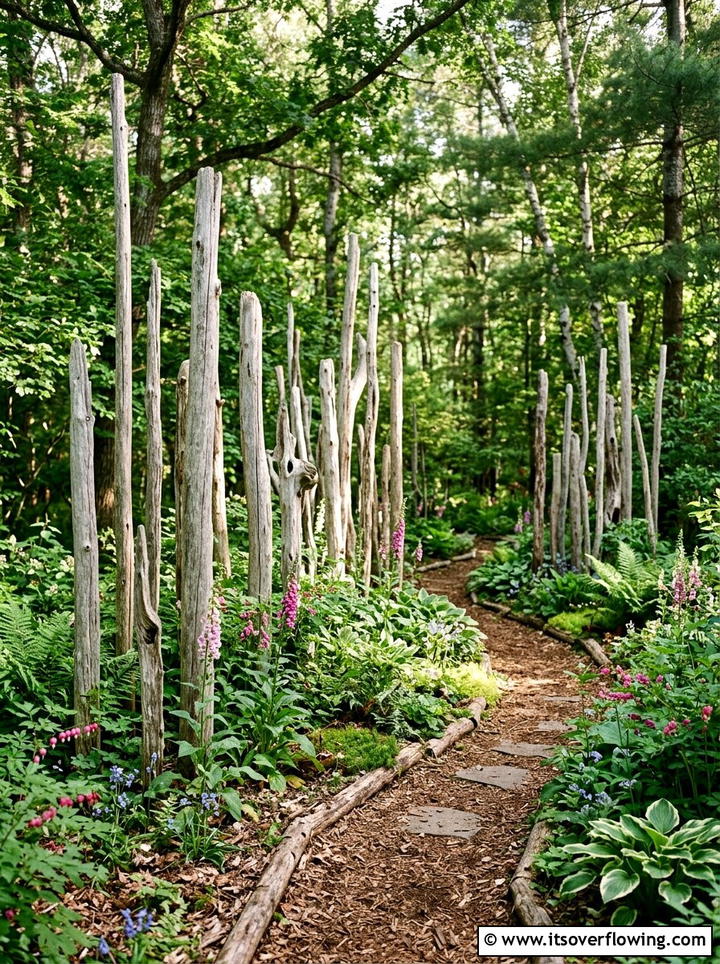 Woodland garden with vertical driftwood - 25 garden ideas with driftwood sculptures