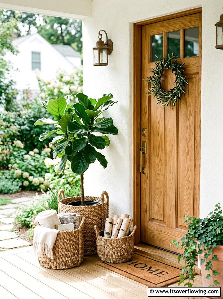 Woven Basket Collection Near Front Door - 25 front porch decor ideas with asymmetrical layout