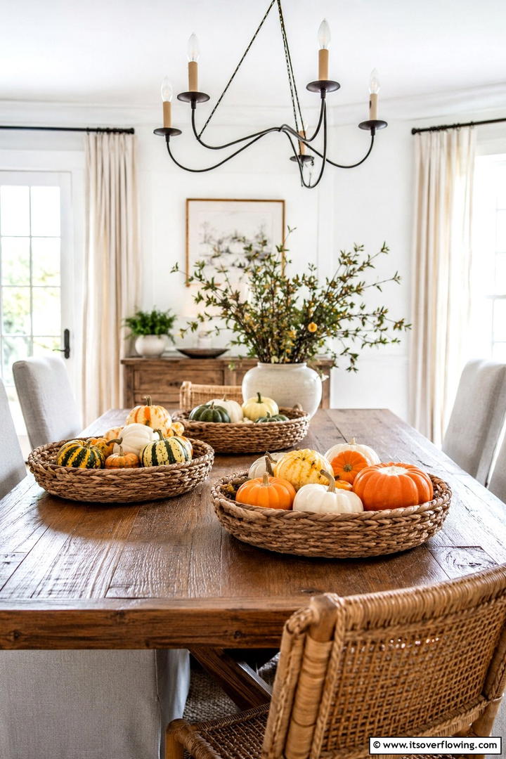 Woven Basket Displays - 50 Fall Table Decor Ideas Roundup- Seasonal Styling