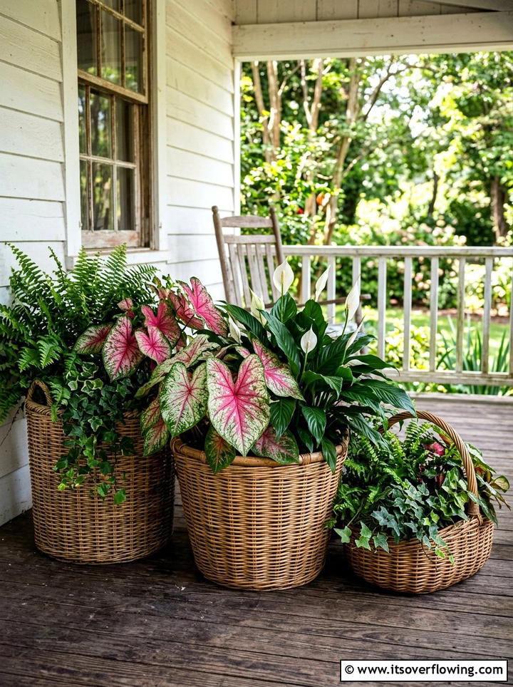 Woven Basket Foliage Display - 25 upcycled garden ideas for shaded spaces