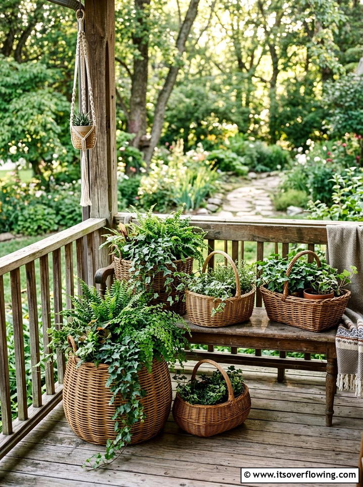Woven Basket Garden - 25 cheap garden ideas with container gardening