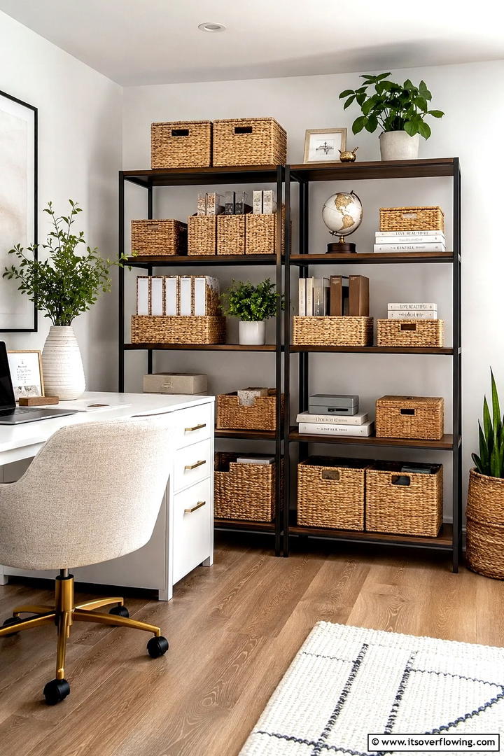 Woven Basket Office Storage - 50 Fall Office Decor Ideas for A Sleek, Calm Workspace