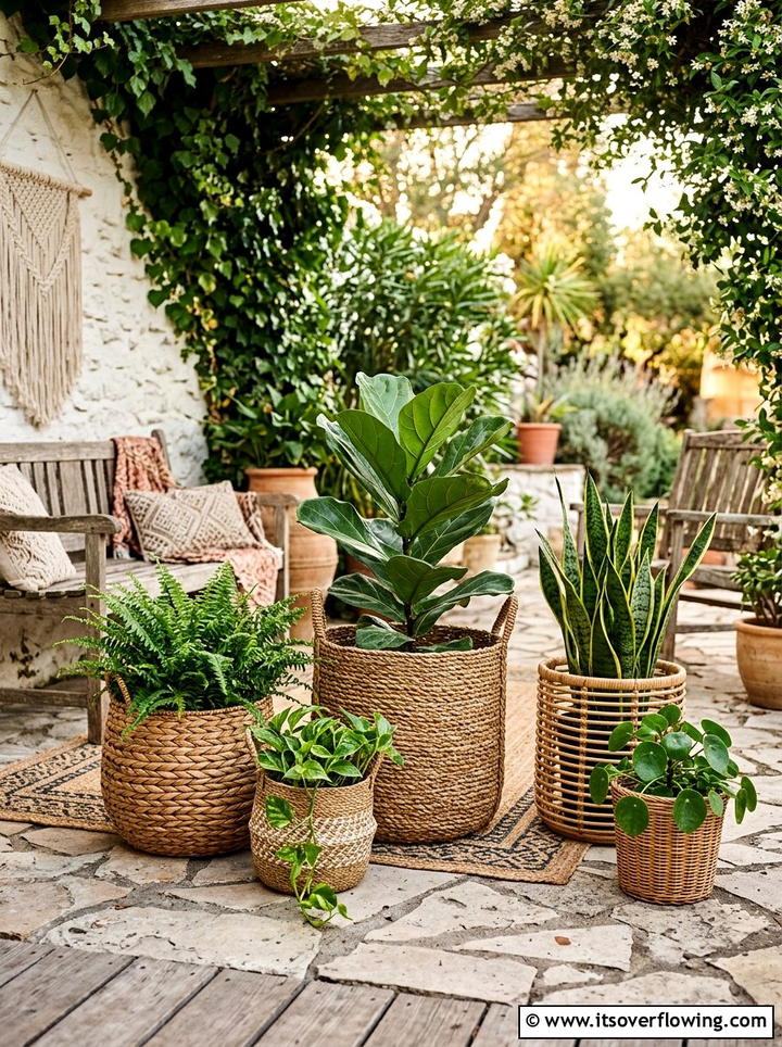 Woven Basket Planter Grouping - 25 garden design ideas with container clusters