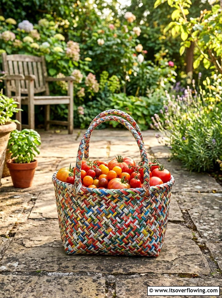 Woven Magazine Garden Basket - 25 recycled garden ideas with old magazines