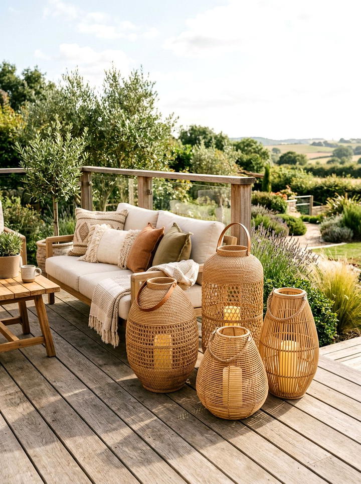 Woven Rattan Lantern - 25 backyard decorating ideas with candle holders
