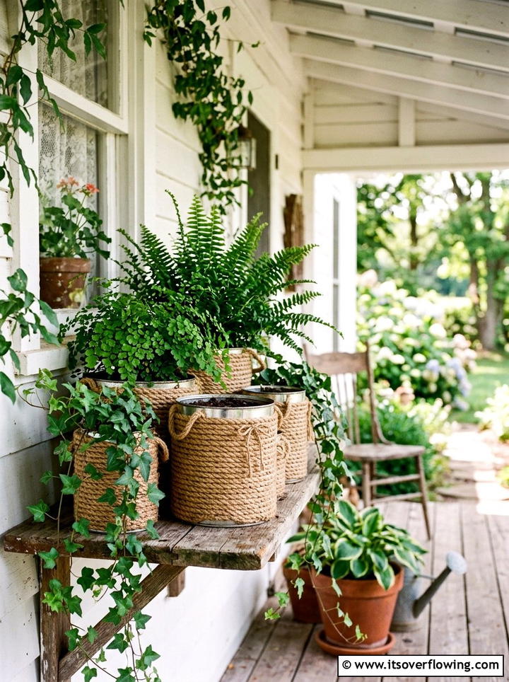 Woven Rope Tin Can Planter - 25 upcycled garden ideas with old cans