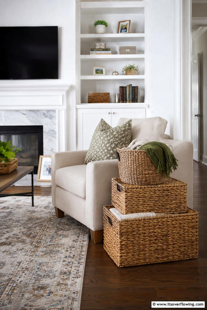 Woven Storage Baskets - 50 Living Room Fall Decor Ideas for Cozy Autumn Updates