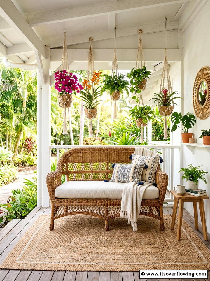Woven Wicker Antique Bench - 25 front porch decor ideas with antique benches