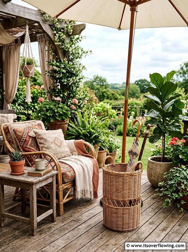 Woven Wicker Umbrella Basket - 25 front porch ideas with umbrella stand