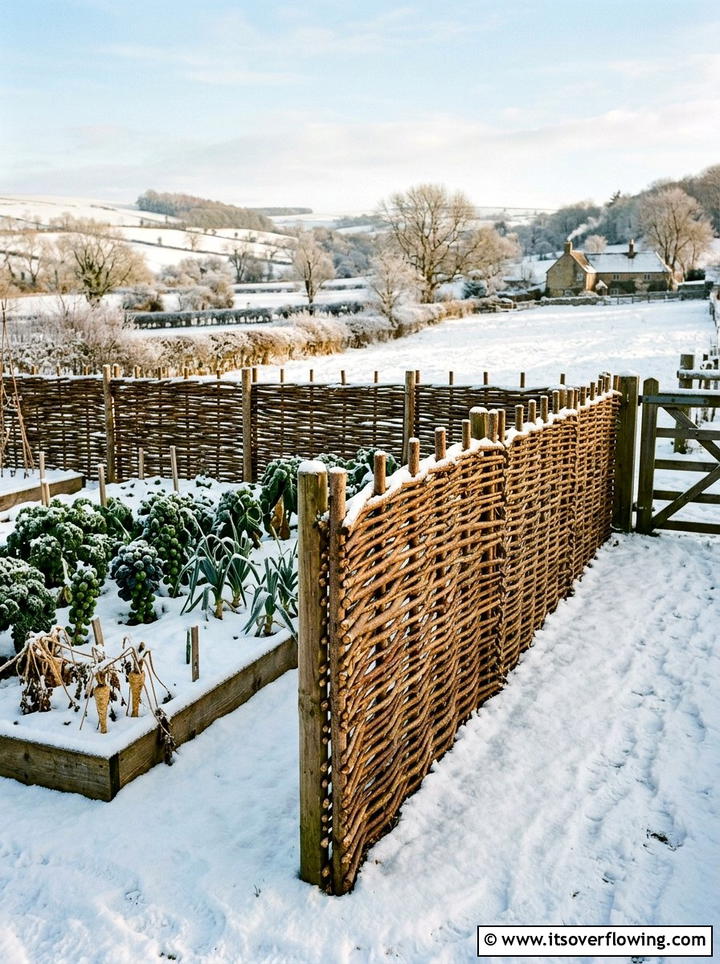 Woven Willow Fence - 25 garden decor ideas with winter decor