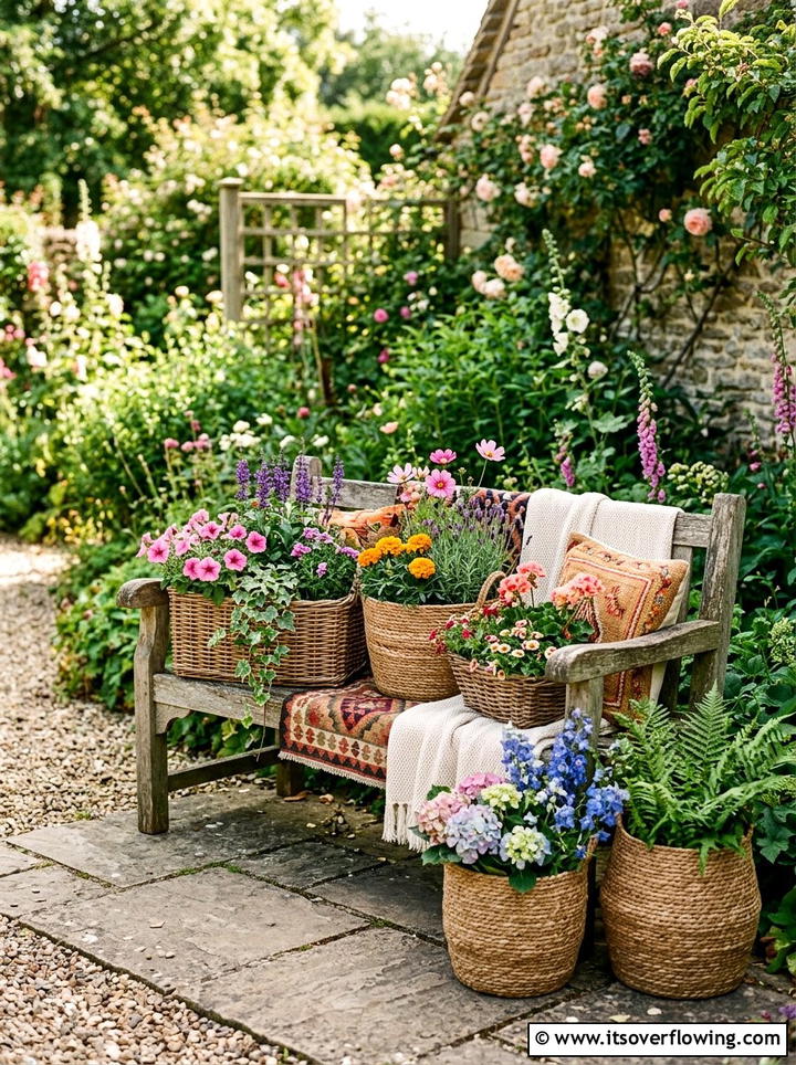 Woven basket flower planter - 25 cheap garden ideas with repurposed containers