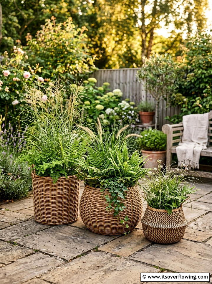 Woven basket garden containers - 25 creative garden ideas with unusual planters