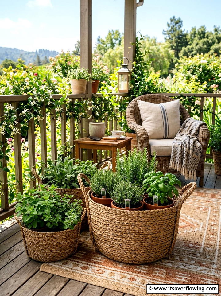 Woven basket herb garden - 25 front porch ideas with herb planters