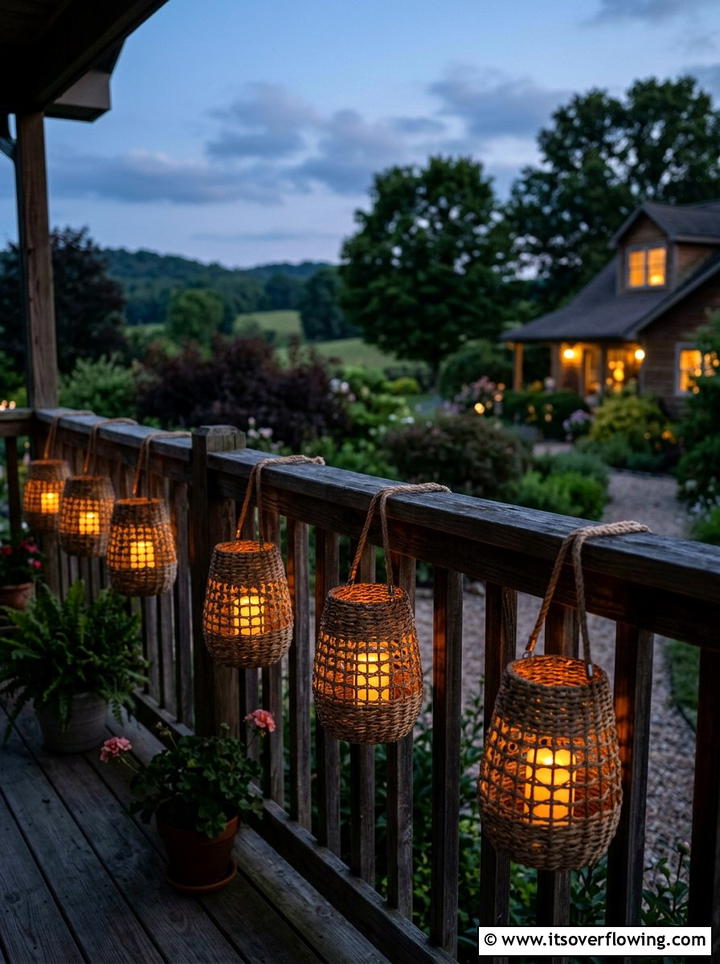 Woven basket lantern covers - 25 front porch decor ideas with baskets