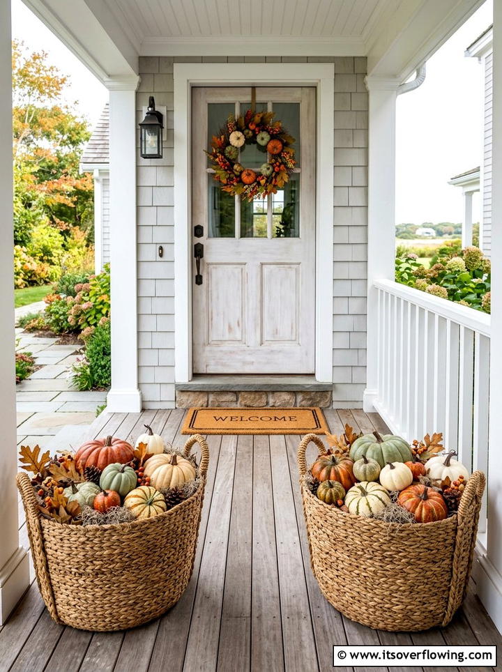 Woven basket pumpkin display - 25 front porch decor ideas with fake pumpkins