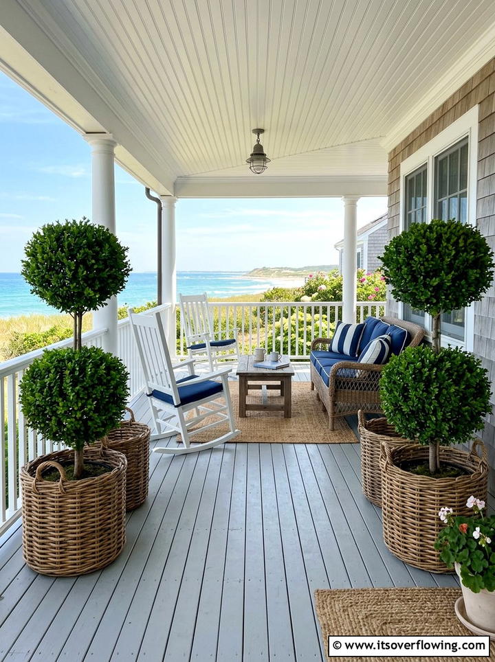 Woven basket topiary planters - 25 front porch decor ideas with topiaries