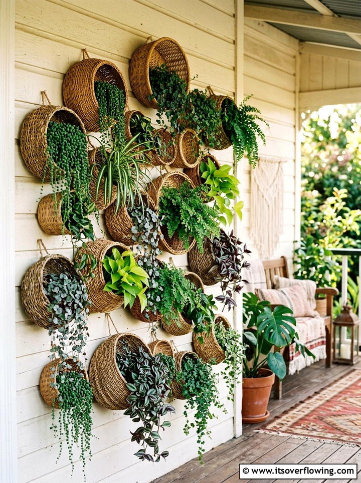 Woven basket wall garden - 25 upcycled garden ideas with vertical gardens