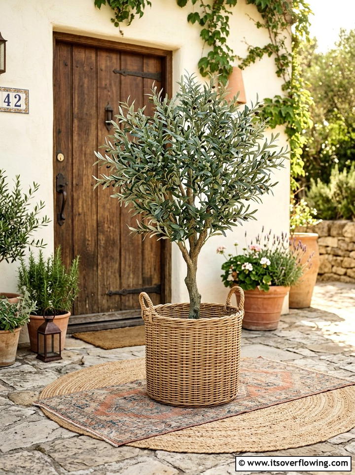 Woven basket with faux olive tree - 25 front porch decor ideas with mini trees