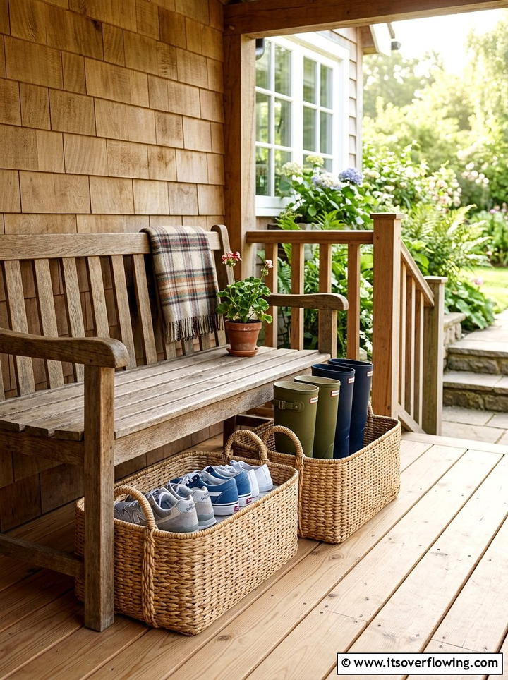 Woven shoe storage baskets - 25 front porch decor ideas with baskets
