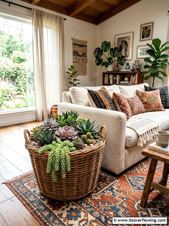 Woven wicker basket garden - 25 reusing old things ideas for succulent garden