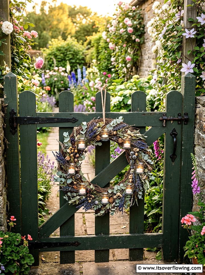 Wreath tea light holder for garden gate - 25 garden decor ideas with tea lights